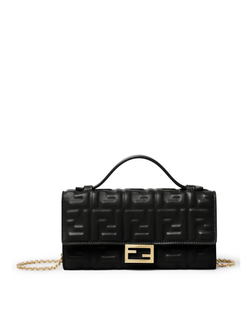 BRAND NEW (NWT) Fendi Black Quilted Embossed Shoulder Baguette with Gold Chain